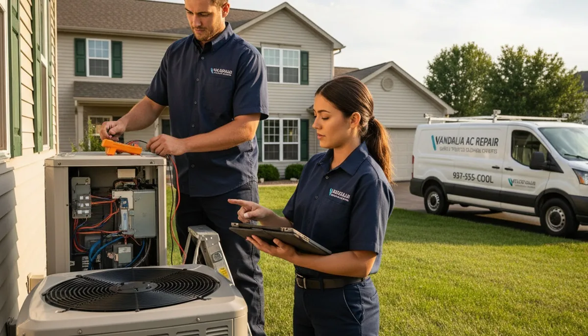 Professional AC repair technician servicing air conditioner unit in Dayton, OH